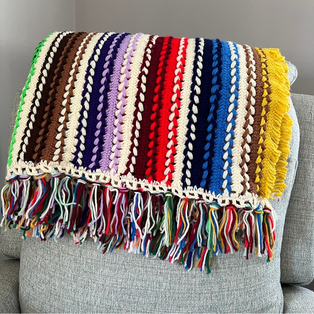 Afghan Blanket Handmade Rainbow Tassel Pride 79 x 44